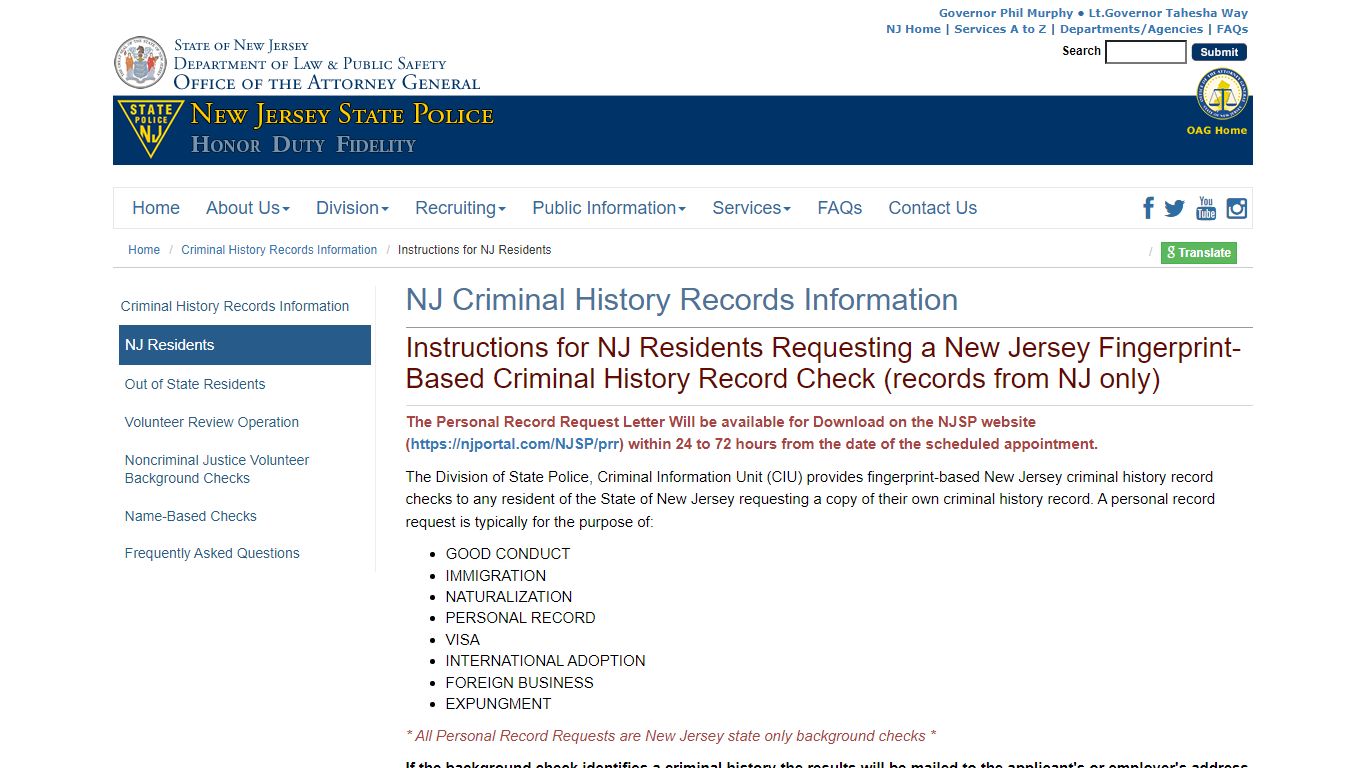 New Jersey Criminal History Records Information | NJ Residents | New ...
